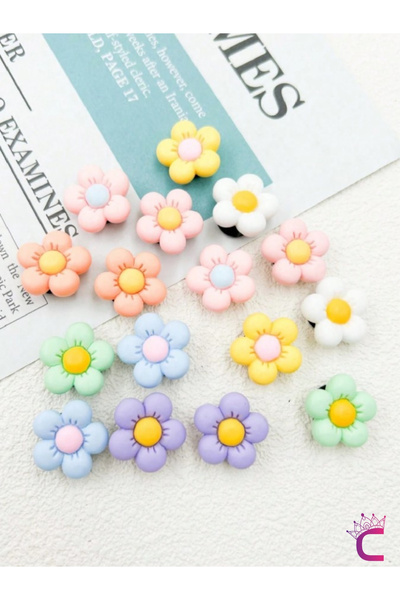 Cinderella 16'lı Renkli Papatya Çiçekli Terlik Süsü Seti Jibbitz - Cross Terlik Süsleri Crocks Charm Aksesuar