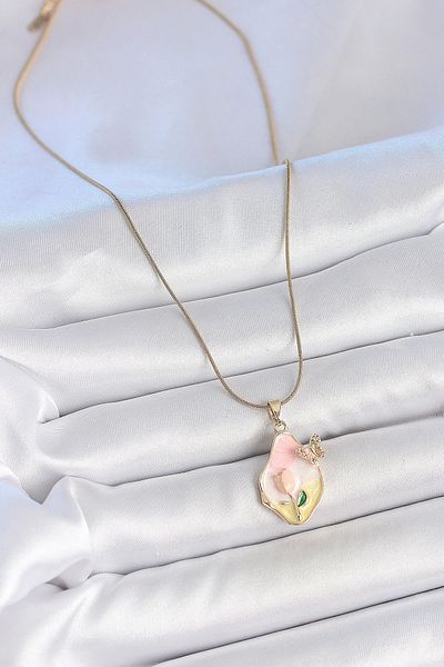 Clariss 316L Steel Gold Color Chain Drop Mix Color Flower Embroidered Butterfly Detail Portrait Model Women's Necklace