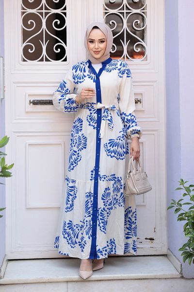 N.S NEVA STYLE Patterned Sax Blue Hijab Dress 239201Sx