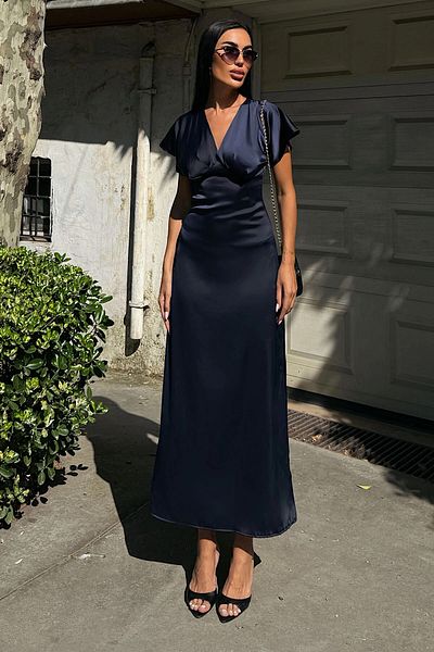 bacc Navy Blue V-Neck Chest Draped Satin Dress Bcdf-252217