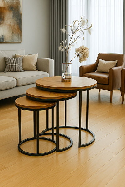 EDMONDA EV AKSESUAR ALYA 3LÜ ZİGON SERVİS SEHPASI SİYAH METAL AHŞAP