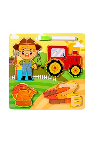 tutobaby Montessori Yazı Tahtalı ve Kalemli 3D Eğitici Öğretici Ahşap Meslek Puzzle Seti-ÇİFTÇİ