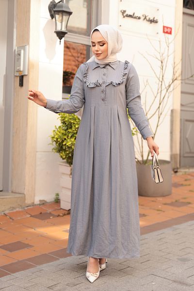 N.S NEVA STYLE Button Detailed Gray Hijab Dress 7224Gr