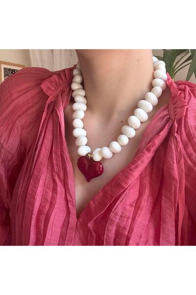 Alice İsstanbul Beyaz Boncuklu Bordo Bombe Kalp Kolye