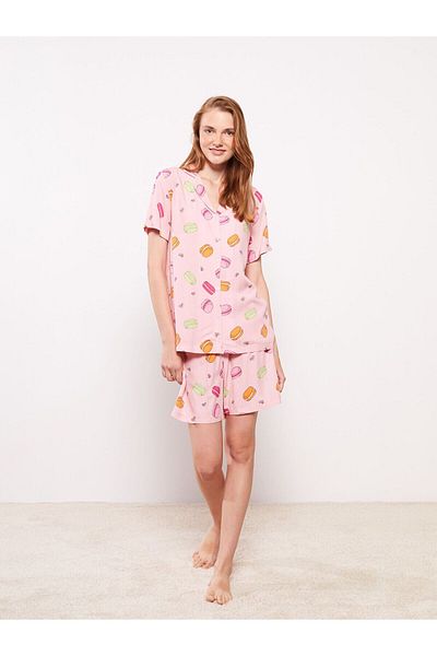 LC Waikiki Shirt Collar Patterned Short Sleeve Viscose Women's Pajamas Set