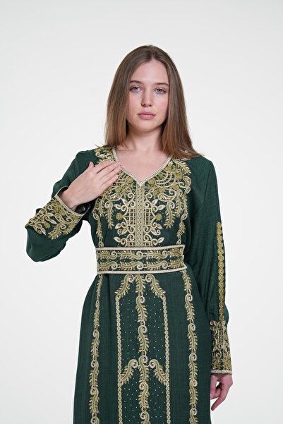 al bent al sharqieh Ladies Printed Jalabiya - Full-Sleeve linen Dress with be...