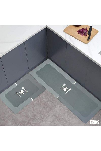SIKS Set of 2 SIKS Kitchen Rugs, Utensil Print, Non-Slip, 58 X 38 Cm, 116 X 38 Cm, Light Grey Borderless