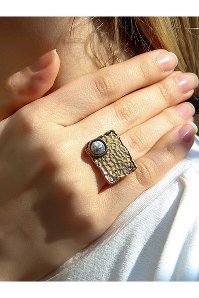 esha Natural Stone Dentirit Opal Natural Stone Rectangular Model Adjustable Ancient Women's Ring Euy67Do
