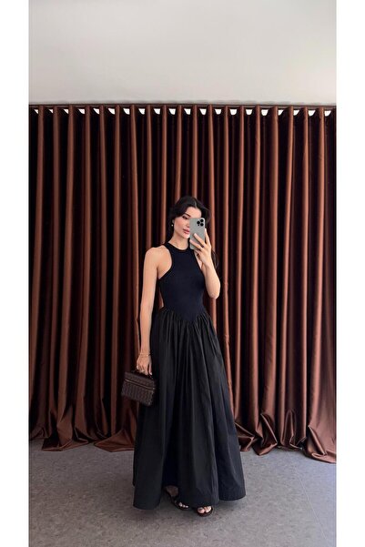 HAZELANNA فستان تافتا بياقة هالتر باللون الأسود