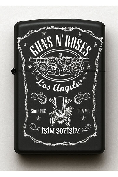Melek Pazarı Guns N Roses Desenli Kişiye Özel İsimli Siyah Benzinli Metal Çakmak