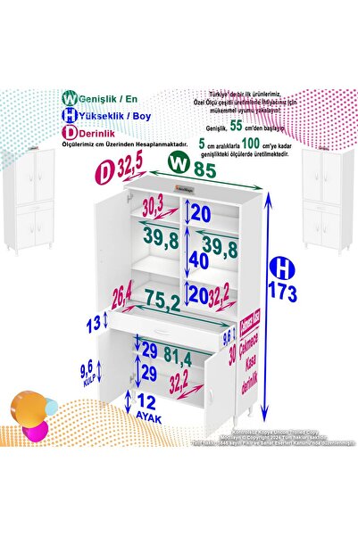 Modilayn 85 x 173 x 32,5 cm’lik 1 Çekmece 4 Kapak 5 Raf 8 Gözlü,Organizatör Mutfak Dolabı Çok Amaçlı Dolap