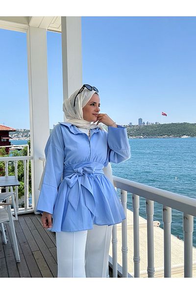 Aselim Hijap Moda Poplin Kimono Shirt – Blue with Belt at the Waist and Buttons