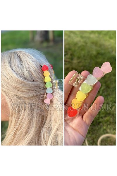 QUEEN AKSESUAR New Heart Jelly Bean Dust Candy Looking Transparent Beaded Multicolored Colorful Clothespin Buckle Large