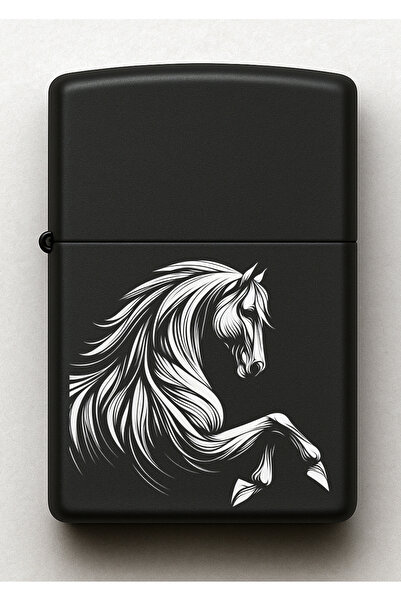 Melek Pazarı At Horse Desenli Kişiye Özel İsimli Siyah Benzinli Metal Çakmak