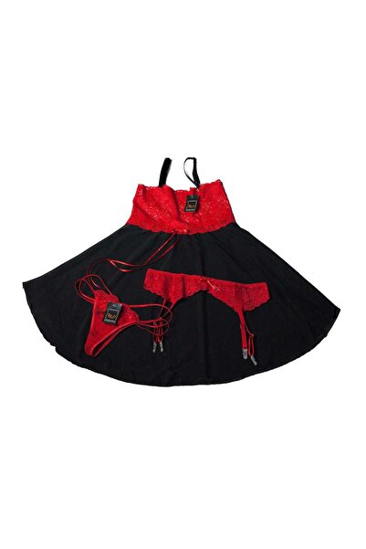 BLD by Exclusive Set Baby Doll, portjartier, chilot tanga, dantela, negru,BLD by Exclusive