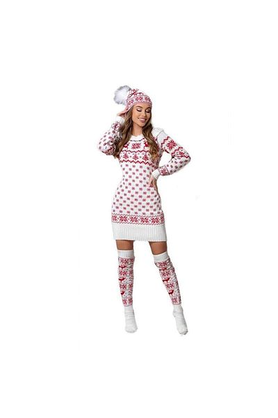 SIKS Women's Christmas Set, 3-Piece Knitwear Set, Dress, Long Socks, Hat, White/Red, One Size
