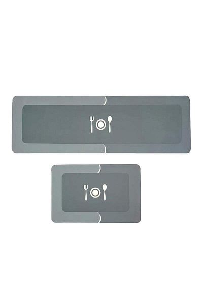 SIKS Set of 2 SIKS Kitchen Rugs, Utensil Print, Non-Slip, 58 X 38 Cm, 116 X 38 Cm, Light Grey Borderless