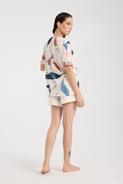 Rasabeauty Calm Gömlek Şort Düğmeli Pijama Takımı Renkli Desenli Pijama Takımı