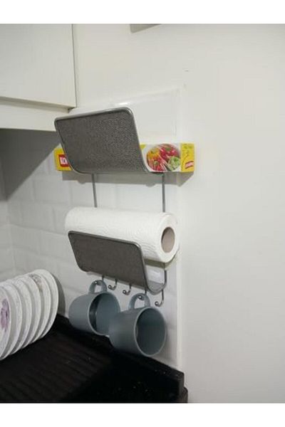 STOREMAX Sellbuystore Homi Kitchen Cling Film, Paper Towel, Mug, Scoop Organizer Rack Steel 19X36X8Cm 10