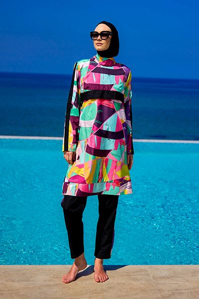 Riva Mera Patterned Hijab Swimsuit Piece Full Covered Swimsuit R2511