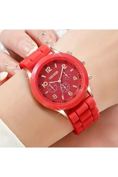 Geneva Women's Silicone Band Red Wrist Watch – Stylish and Sporty Design