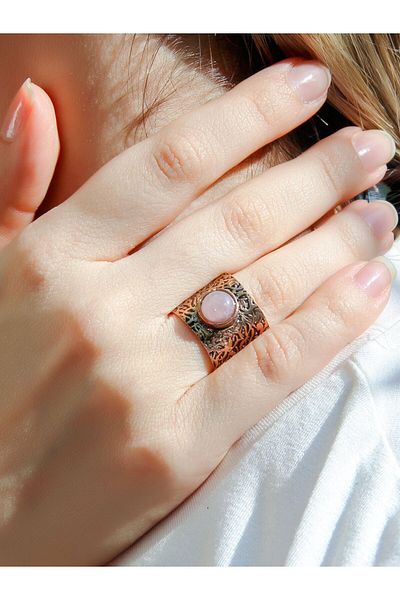 esha Natural Stone Pink Quartz Adjustable Ancient Women's Ring with Natural Stone Euy68Pk
