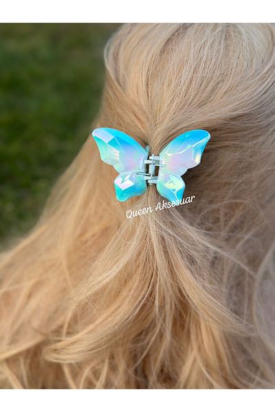 QUEEN AKSESUAR Shiny Metallic Look Gradient Blue White Big 3D Butterfly Snap Buckle