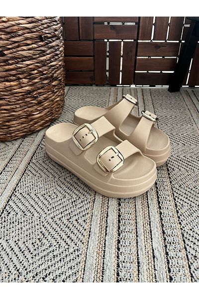 Behtah Kundura High Double Buckle Thick Soled Slide Slippers Garden Beach Pool Sea Summer Daily Slippers