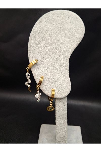 Han Ticarethane Gold Color 3 Stone Snake Model Steel Earrings