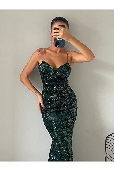 ADASTYLE asklı pullu kadife elbise, trend, özel gün, balık abiye, arkadan bağlamalı ve fermuarlı