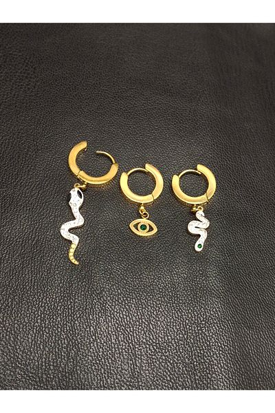 Han Ticarethane Gold Color 3 Stone Snake Model Steel Earrings