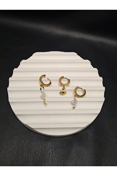 Han Ticarethane Gold Color 3 Stone Snake Model Steel Earrings