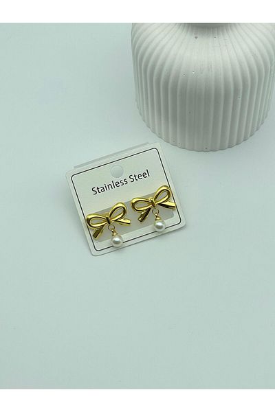 ilvesa shop New Season Non-Tarnish Pearl Bow Model Steel Earrings