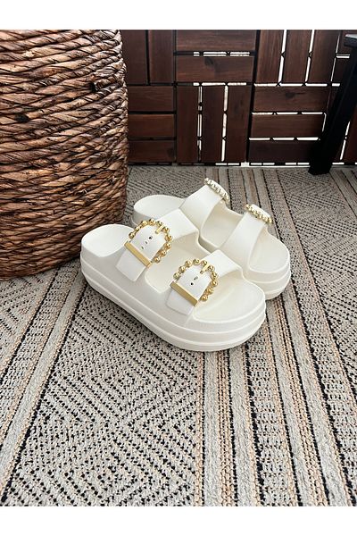Behtah Kundura High Double Buckle Thick Soled Slide Slippers Garden Beach Pool Sea Summer Daily Slippers