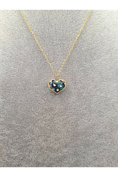 Han Ticarethane Gold Color Mosaic Patterned Heart Model Steel Necklace