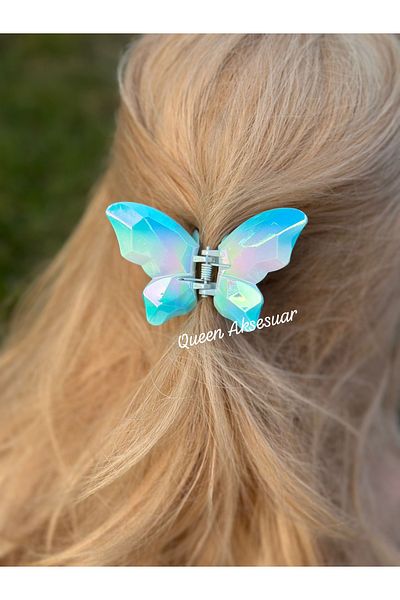 QUEEN AKSESUAR Shiny Metallic Look Gradient Blue White Big 3D Butterfly Snap Buckle