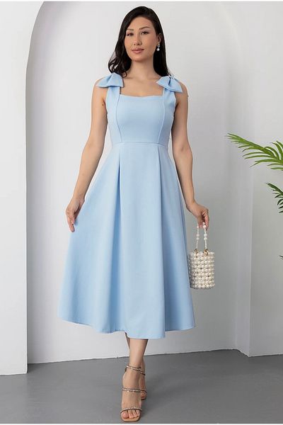 Afiş Butik Baby Blue Square Neck Shoulder Bow Pleated Dress
