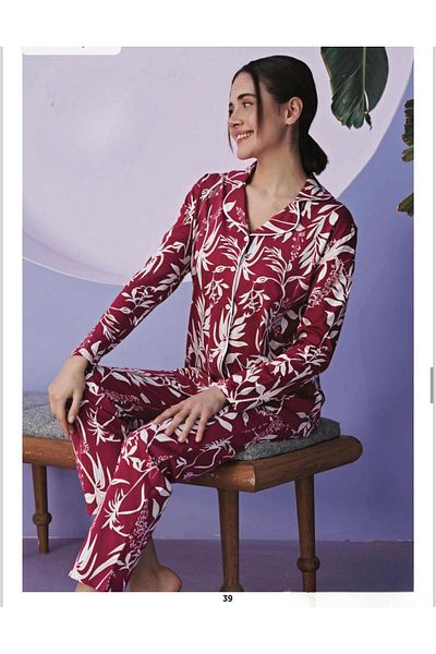 Miss Klein Women's Plus Size Shirt Collar Cotton Lycra Long Sleeve Pajama Set 1129 - 1 Piece