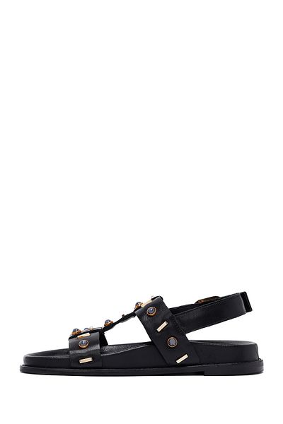 Derimod Women's Black Stone Leather Sandals 25Sfd550818