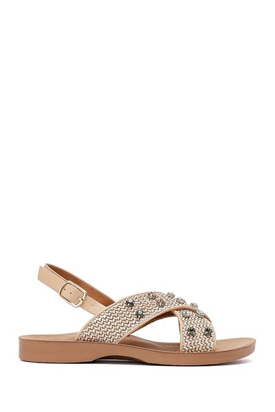 Derimod Women's Beige Stone Straw Sandals 25Sfe4648M7