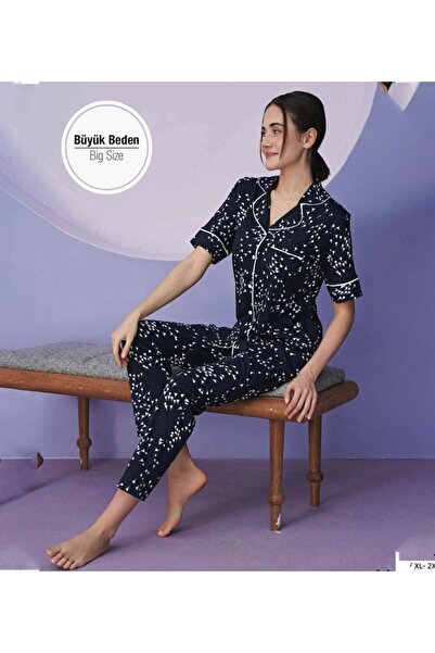 Miss Klein Women's Plus Size Shirt Collar Cotton Lycra Short Sleeve Pajama Set 1130 - 1 Piece