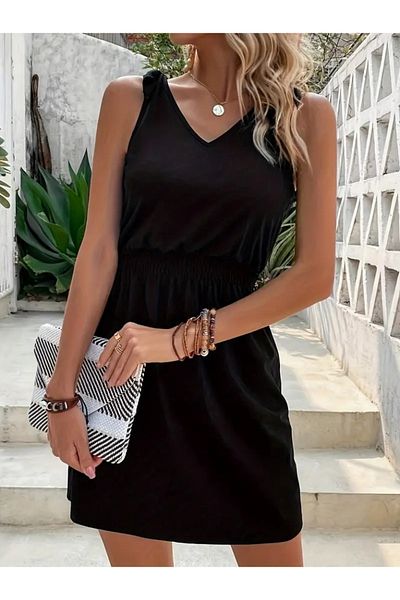 modaserdem Women's V-Neck Gipe Detail Crepe Dress on Waist