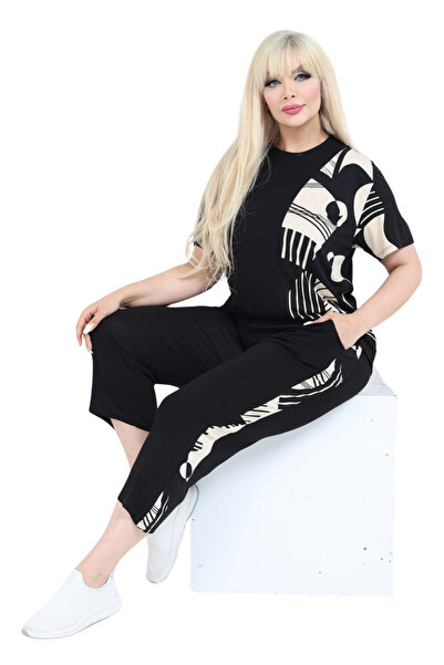 MELSAY Дамски черен комплект с бароков мотив и къс ръкав