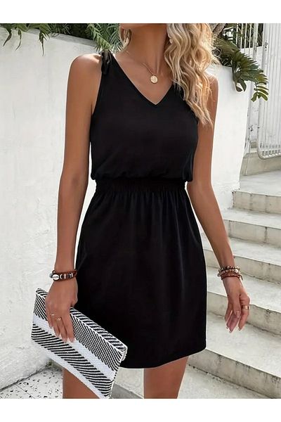 modaserdem Women's V-Neck Gipe Detail Crepe Dress on Waist