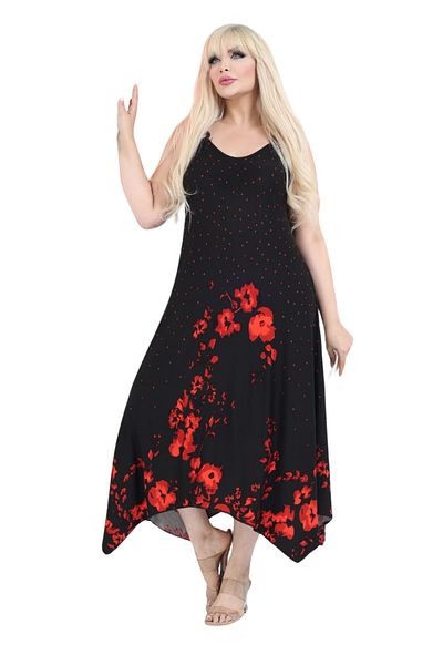 MELSAY Women's Black V-Neck Red Polka Dot Poppy Pattern Suspender Dress
