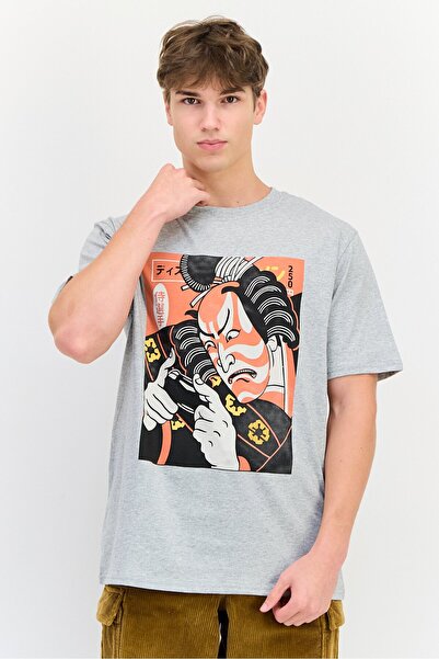 YOTO Men Crew Neck Short Sleeves Graphic Print T-Shirt, Grey