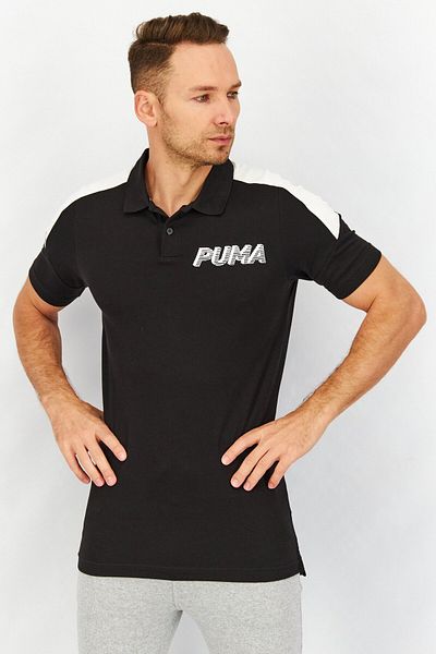 Puma Men Spread Neckline Short Sleeve Graphic Logo Polo Shirt, Black