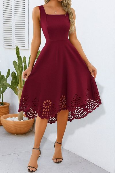 Masspera Strappy U Neck Laser Cut Flower Design Imported Crepe Midi Length Dress