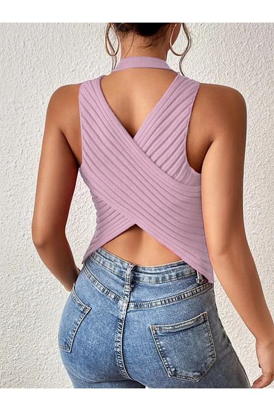 REKA MODA Women's Sleeveless Back Cross Detail Knitwear Blouse