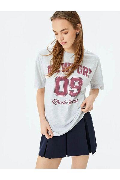 Koton College Printed Crew Neck Short Sleeve Oversize Gray Women's T-Shirt 5Sal10342Ik